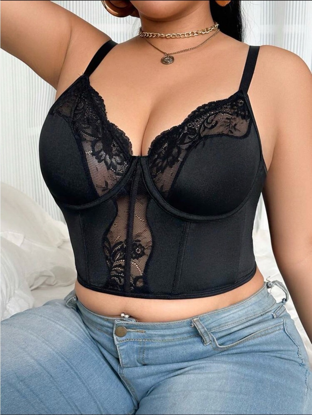SHEIN Black Lace Longline Bustier Bra Top - Picture 3 of 3